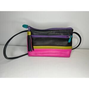 ILI New York Double Zip Color Block Crossbody Black Brights Leather Tassel Bag